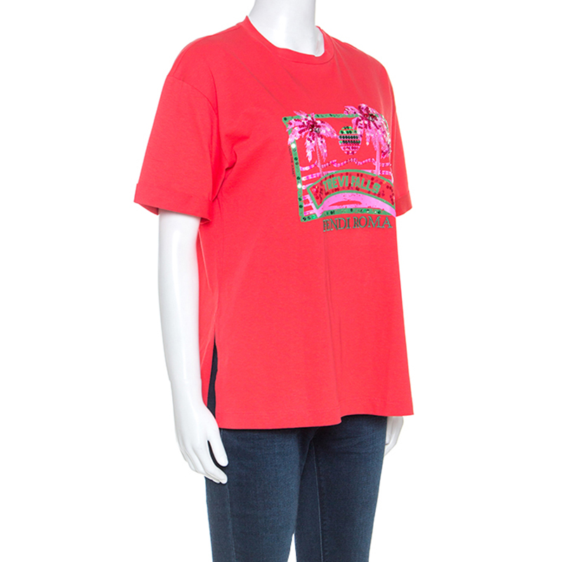 

Fendi Coral Red Cotton Embellished Detail Trevi Falls T-Shirt