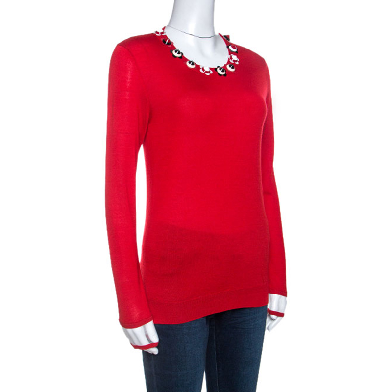 

Fendi Red Cashmere Knit Floral Stud Embellished Sweater