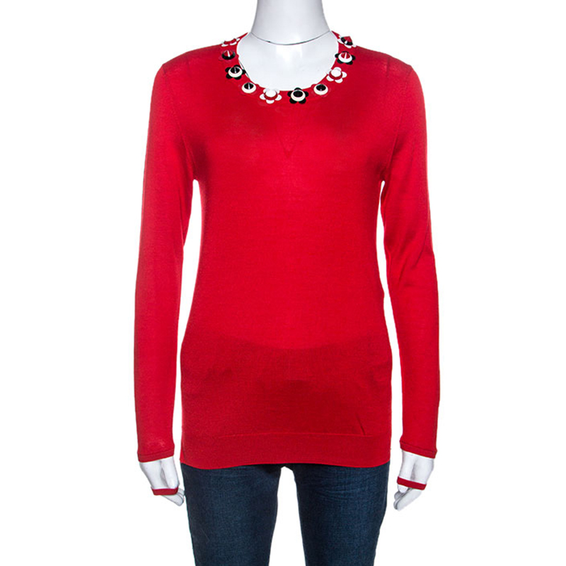 Pre Owned Fendi Red Cashmere Knit Floral Stud Embellished Sweater M