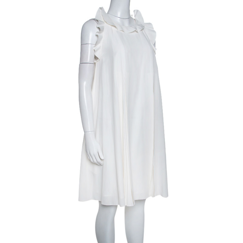 

Fendi Off White Silk Ruffle Detail Pleated Short Dress