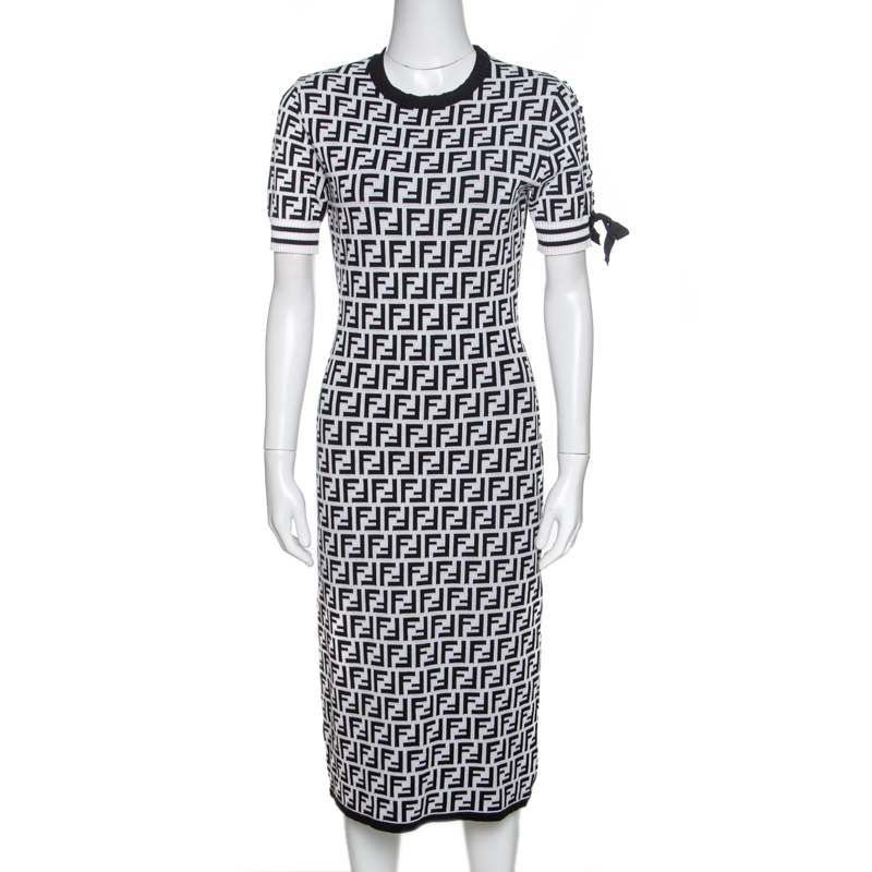 Fendi Monochrome Zucca Monogram Print Stretch Knit Short Sleeve Dress M ...