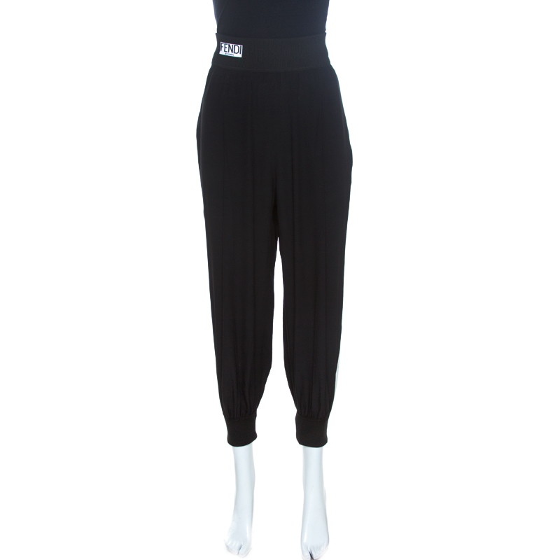 Pre Owned Fendi Black Silk Crepe Stripe Detail Trousers M