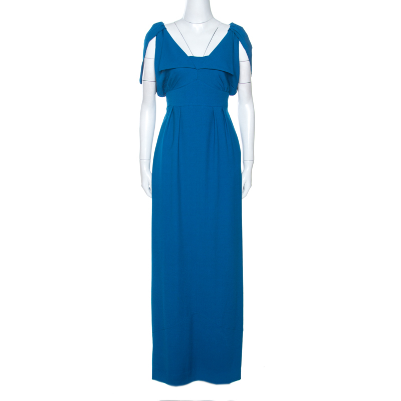 Pre-owned Fendi Blue Wool Blend Crepe Raw Edge Detail Maxi Dress M