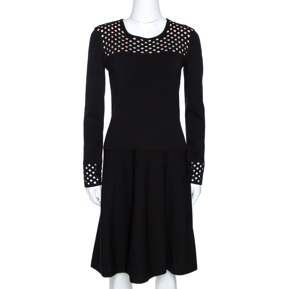 Fendi Black Stretch Knit Laser Cut Detail Flared Dress M