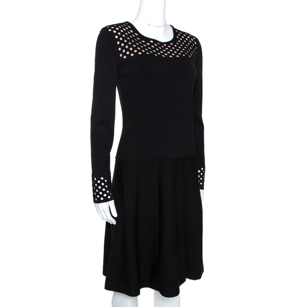 

Fendi Black Stretch Knit Laser Cut Detail Flared Dress