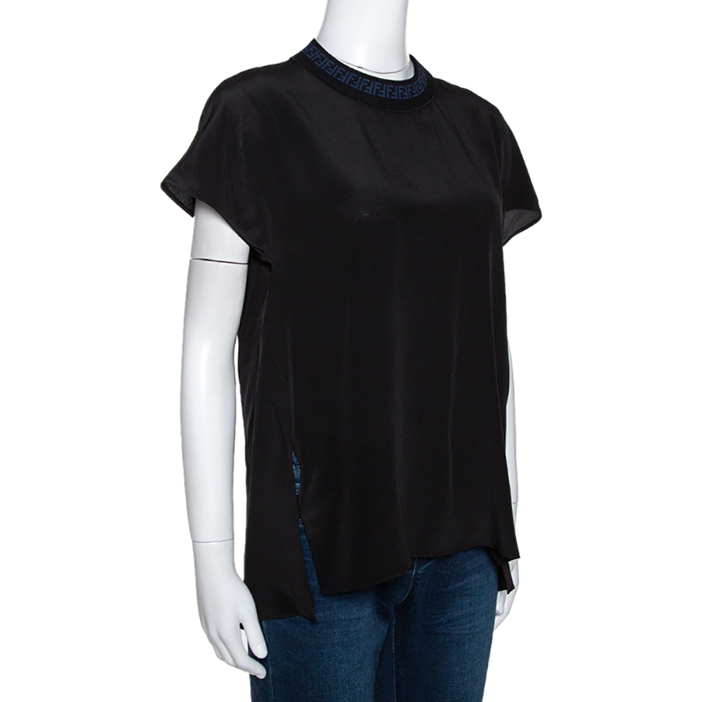 

Fendi Black Silk Ribbed Zucca Detail Top