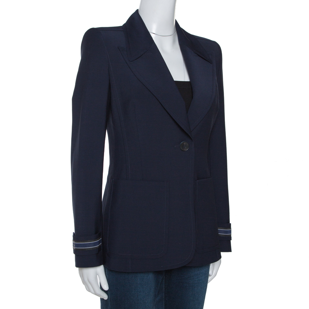 

Fendi Navy Blue Wool Blend Striped Cuff Detail Tailored Blazer