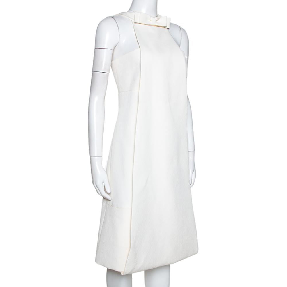 

Fendi Off White Textured Cotton Silk Bow Detail Halter Dress