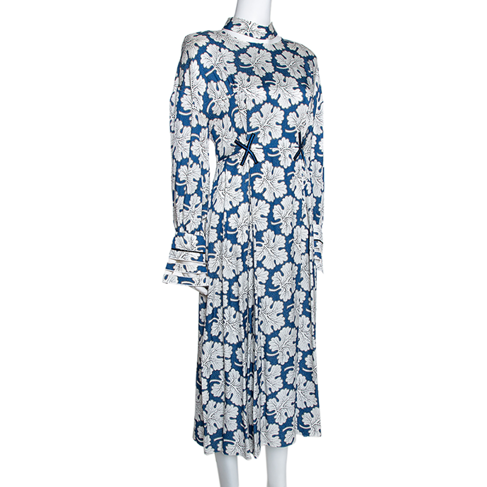 

Fendi Blue Floral Printed Silk Cutout Detail Midi Dress
