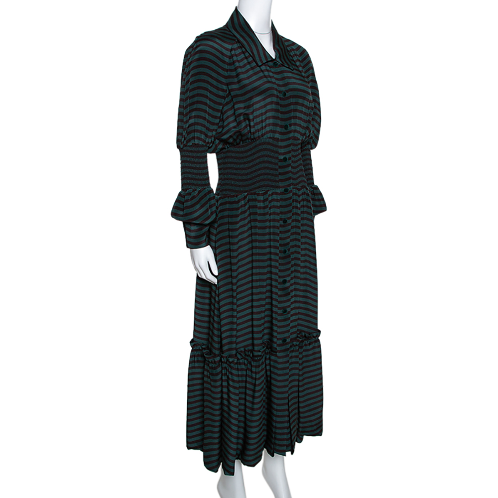 

Fendi Dark Green & Black Silk Wavy Print Midi Dress