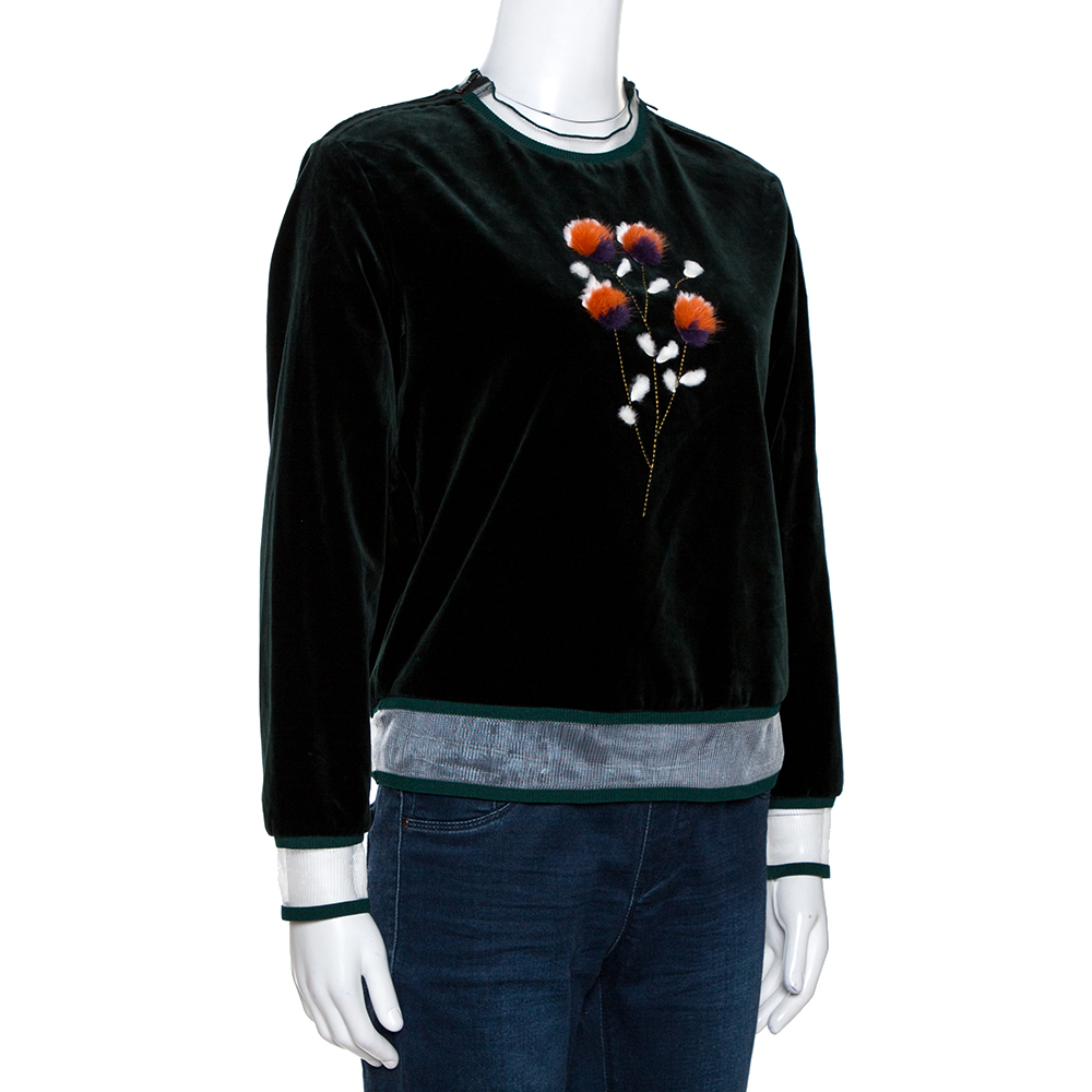 

Fendi Dark Green Velvet Mink Fur Floral Appliqued Top