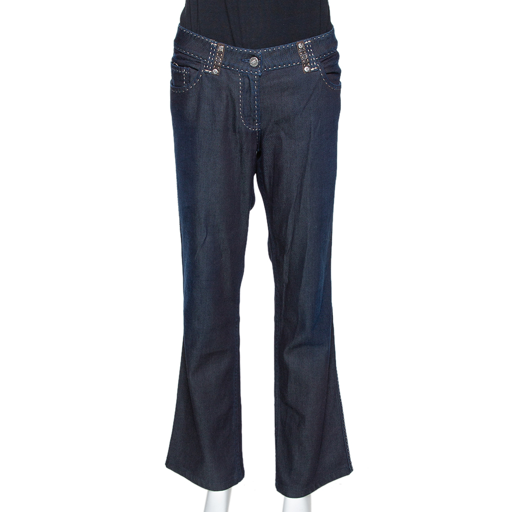 Pre Owned Fendi Indigo Denim & Leather Trim Straight Leg Jeans L