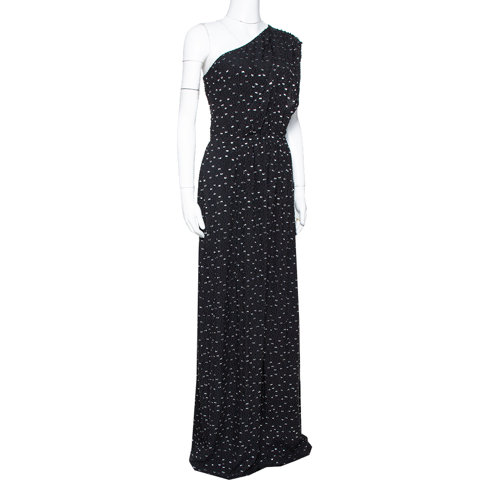 

Fendi Black Textured Silk Metallic Speckled Effect One Shoulder Maxi Dress