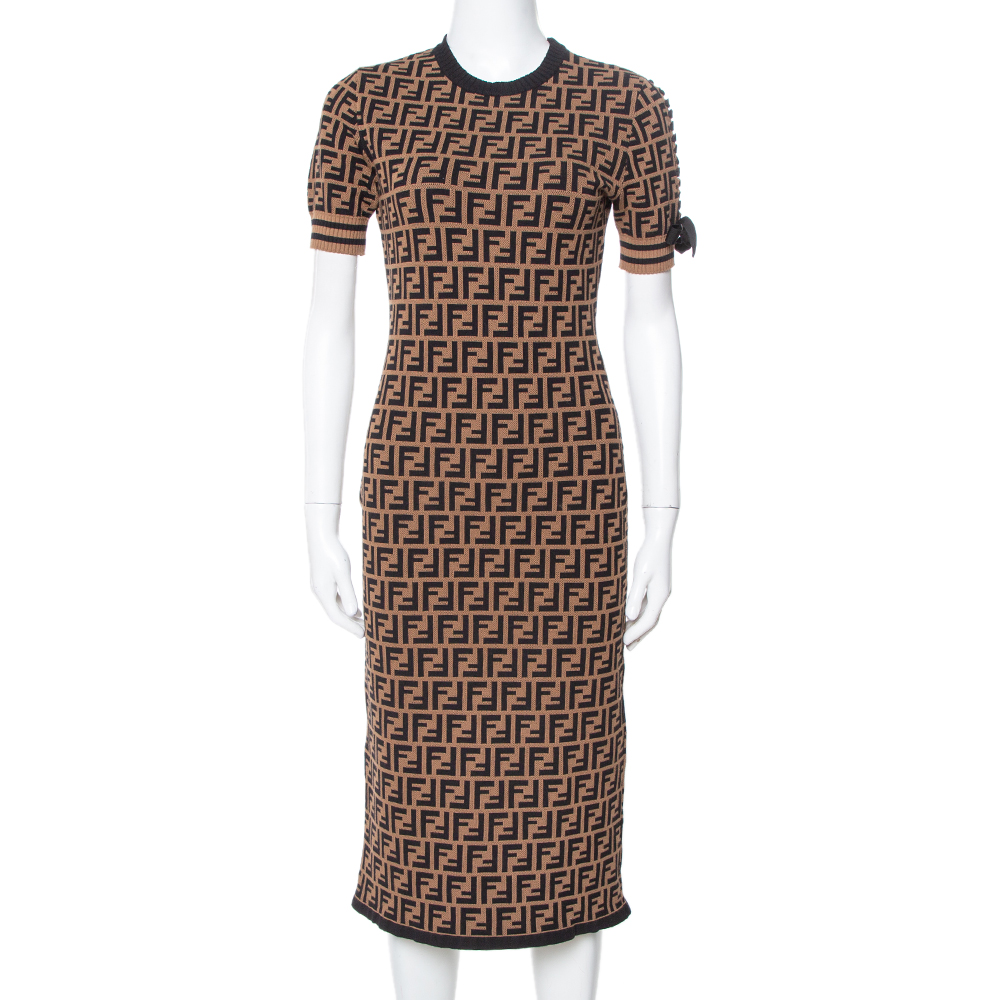 Pre Owned Fendi Brown Zucca Monogram Pattern Knit Fitted Dress S