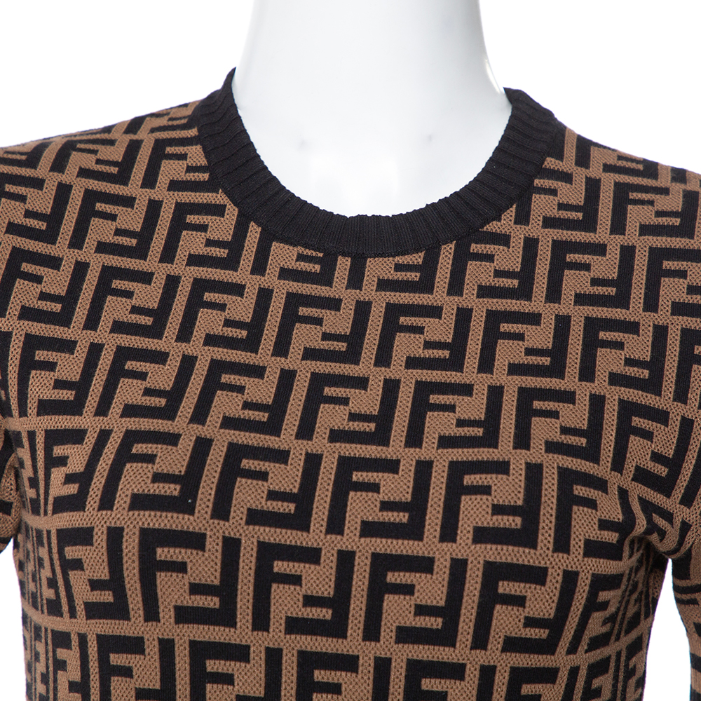 Fendi Brown Zucca Monogram Pattern Knit Fitted Dress S