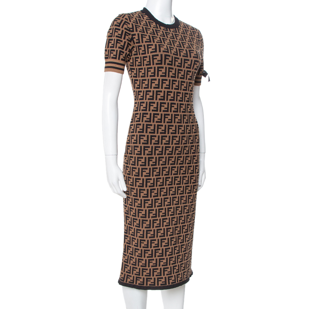 Fendi Brown Zucca Monogram Pattern Knit Fitted Dress S Fendi