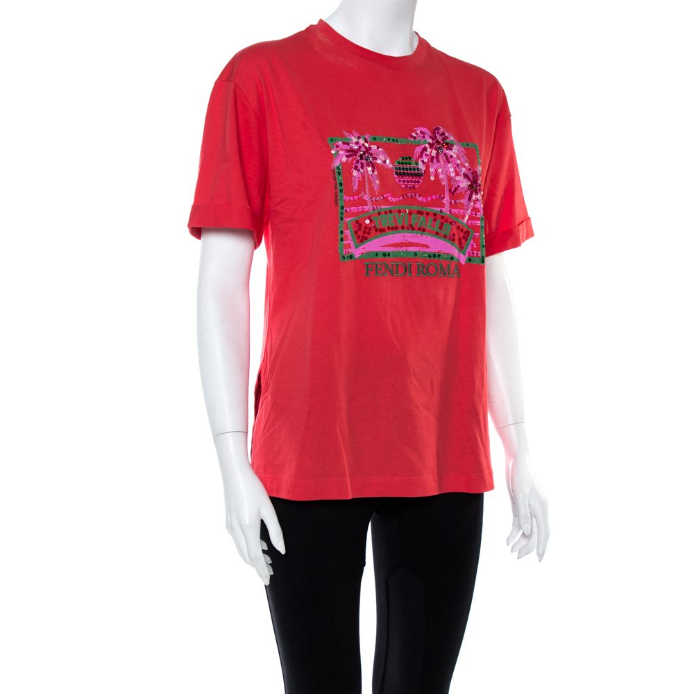 

Fendi Coral Pink Cotton Sequin Embellished T Shirt