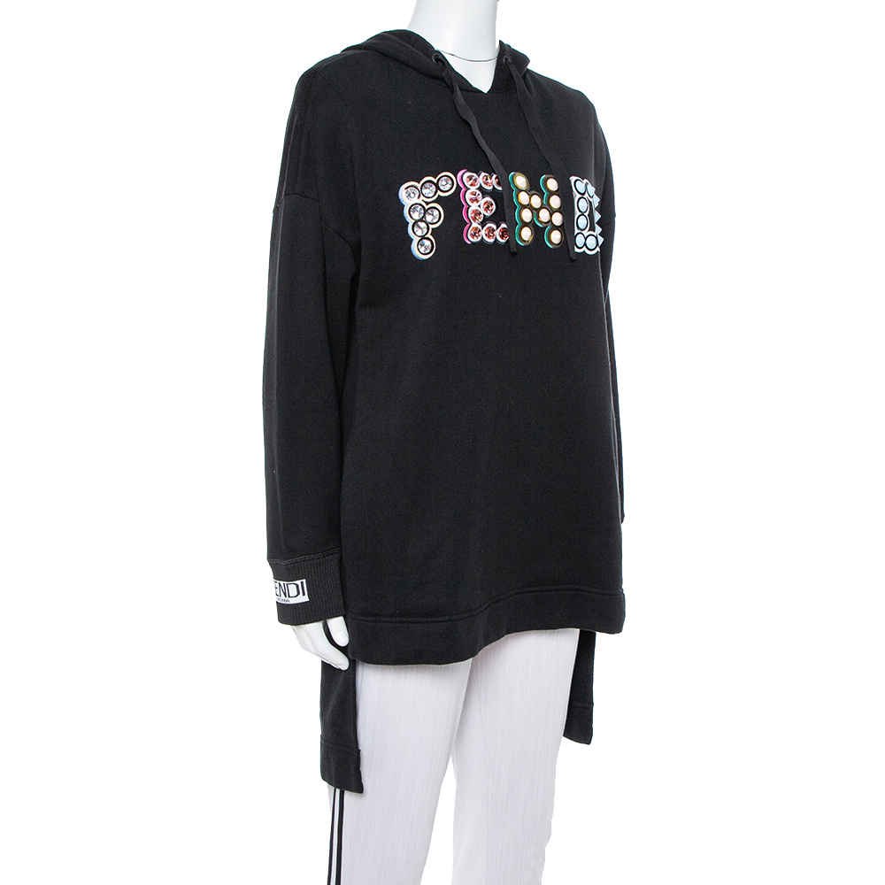 

Fendi Black Cotton Logo Studded Long Hoodie