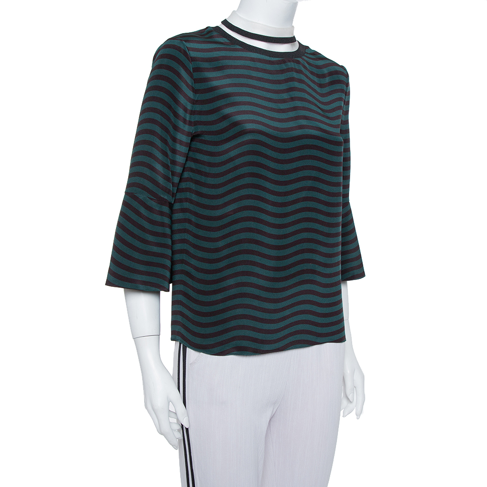 

Fendi Dark Green & Black Wave Striped Silk Sheer Turtleneck Top