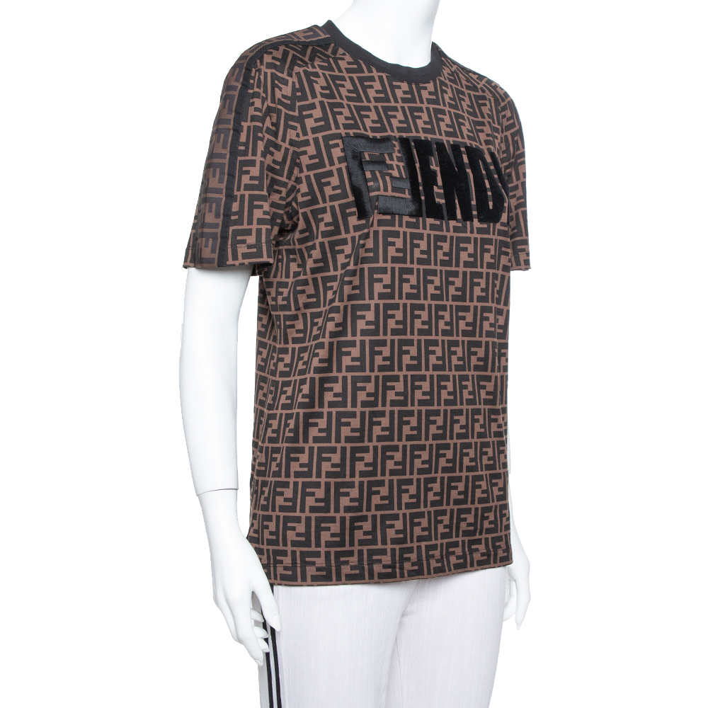 

Fendi Brown Logo Printed Cotton Embroidered Crewneck T Shirt