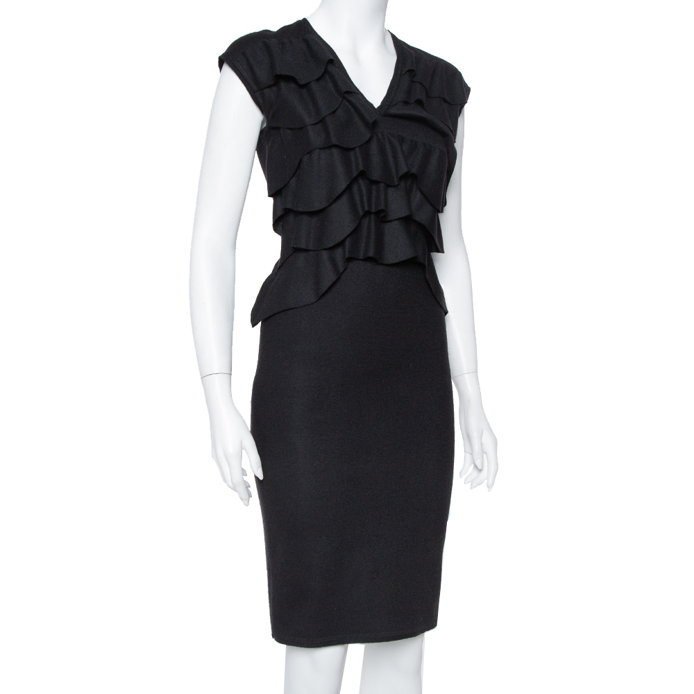 

Fendi Black Wool Ruffle Detail Sheath Dress
