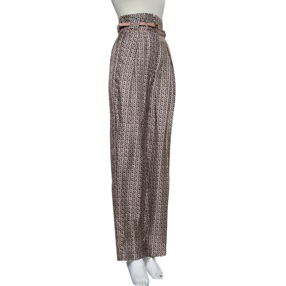 

Fendi Brown Floating Petals Printed Silk Belted High Waist Trousers