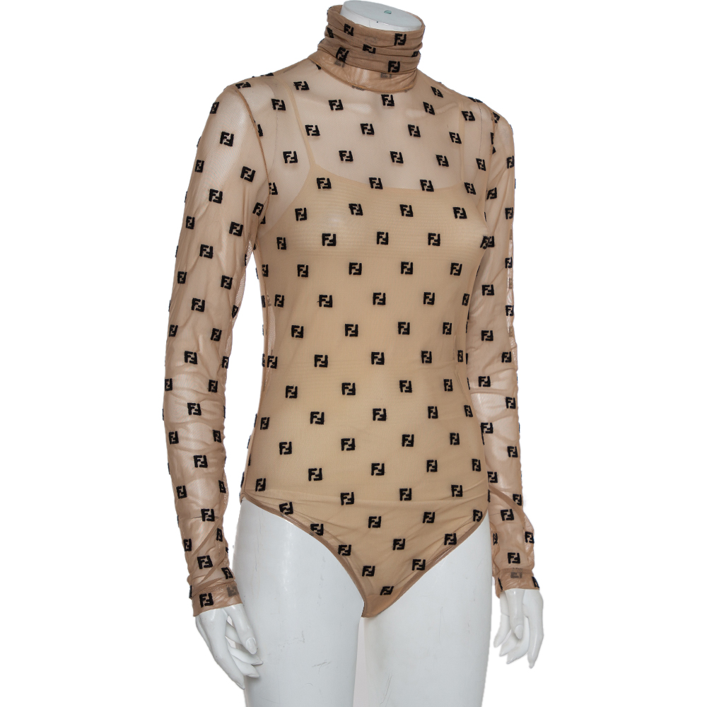 

Fendi Beige Tulle Logo Embroidered High Neck Sheer Bodysuit