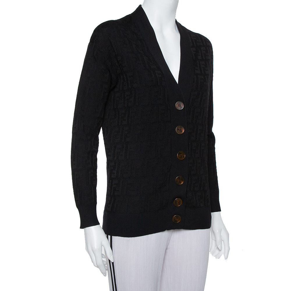 

Fendi Black Logo Intasia Knit Button Front V-Neck Cardigan