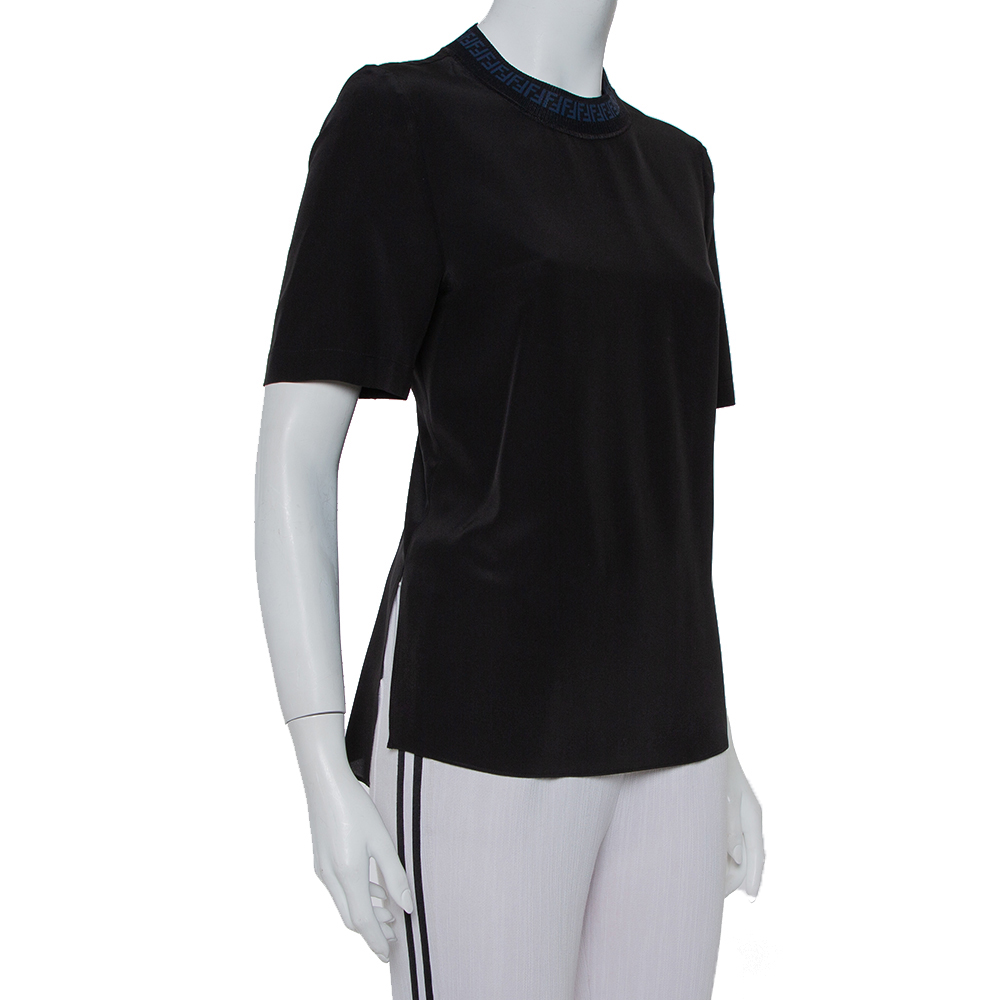 

Fendi Black Silk Ribbed Logo Neck Trim Detail Top