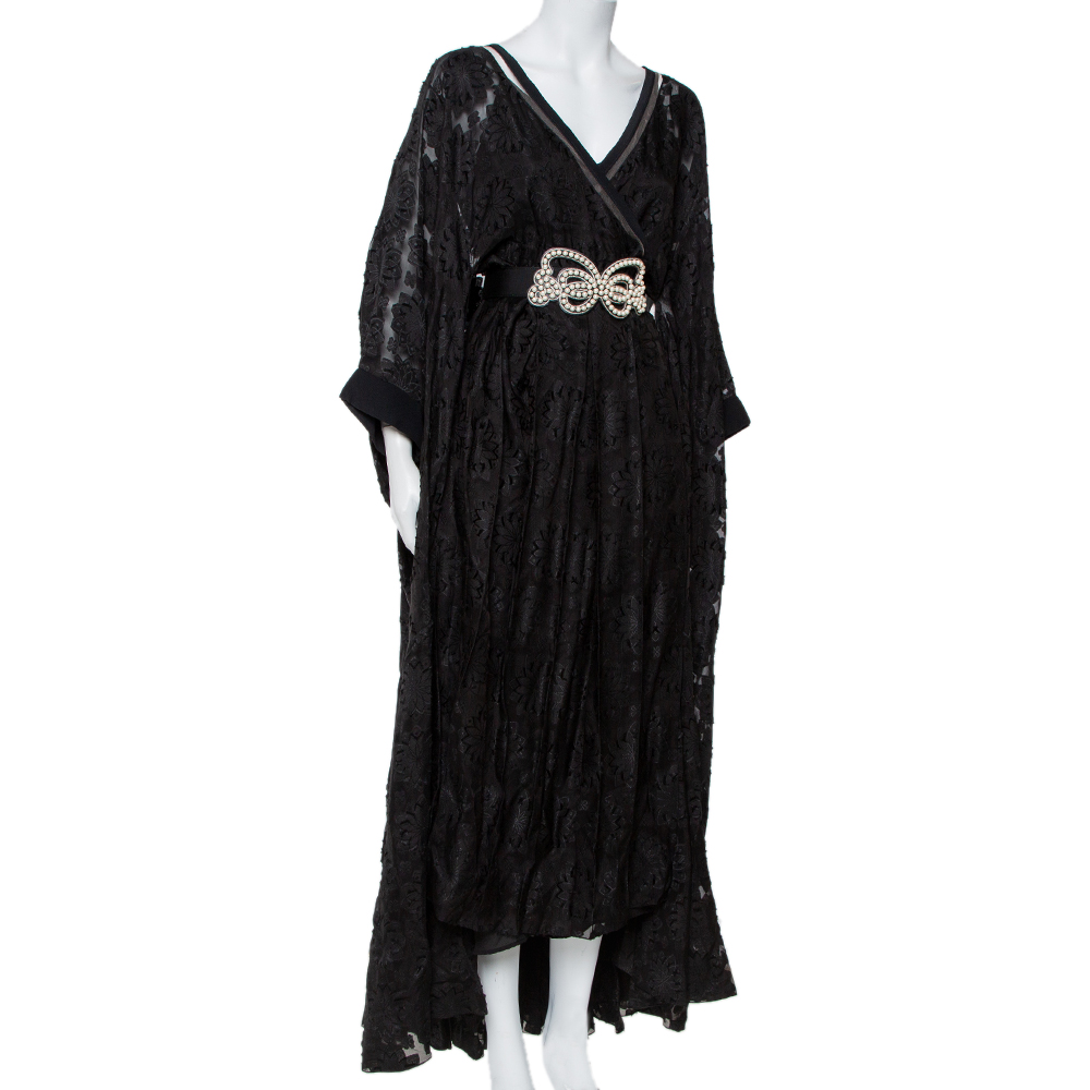 

Fendi Black Daisy Fil Coupe Slit Detail Belted Kaftan Maxi Dress