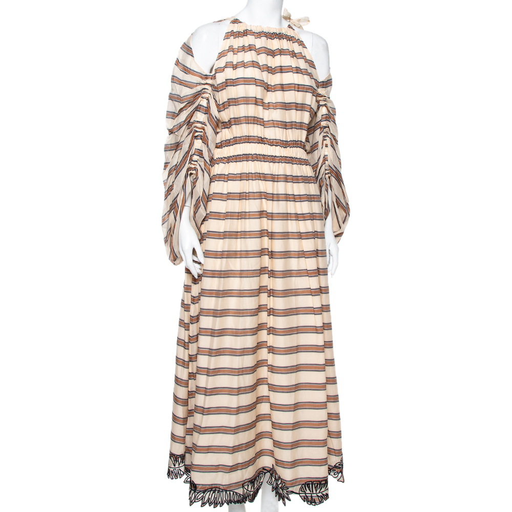 

Fendi Beige Striped Cotton & Silk Cut Out Sleeve Detail Maxi Dress