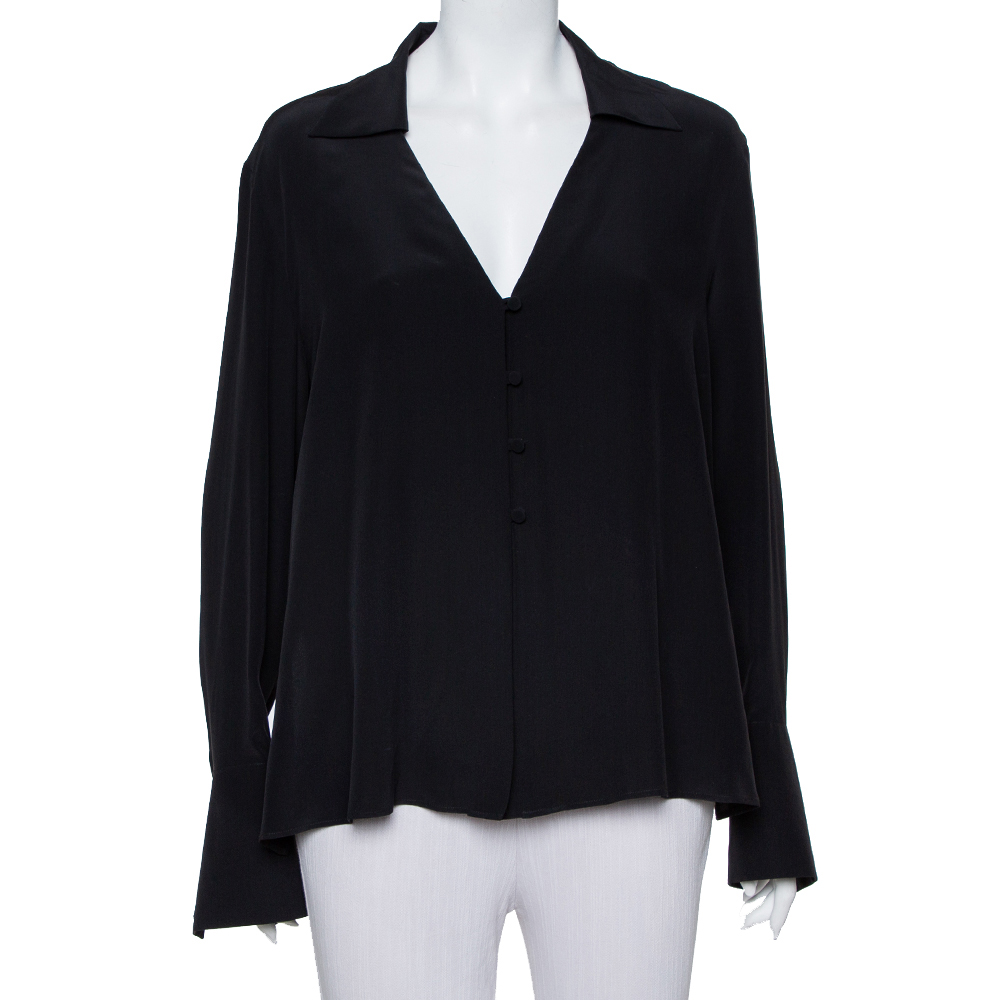 Pre-owned Fendi Black Silk V Neck Collared Button Front Shirt L