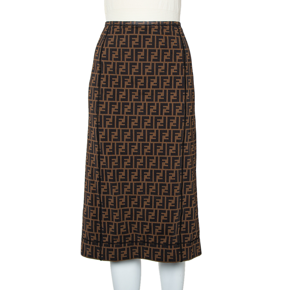 Pre-owned Fendi Brown Mesh Zucca Monogram Paneled Midi Skirt M