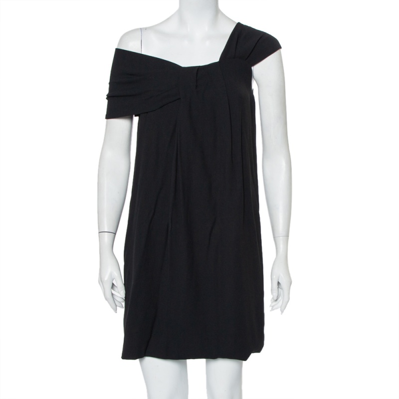 Pre-owned Fendi Black Crepe Pleated One Shoulder Mini Dress S