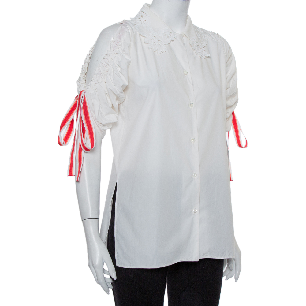 

Fendi White Embroidered Cotton Drawstring Detail Button Front Shirt