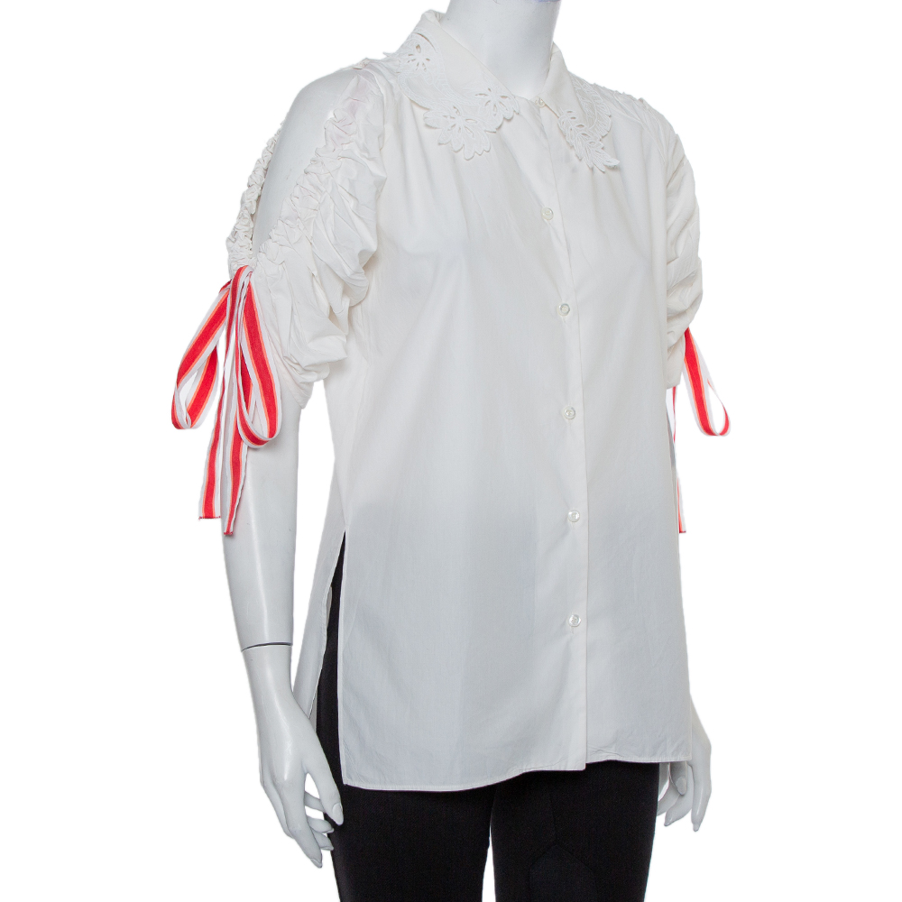 

Fendi White Cotton Drawstring Detail Cold Shoulder Cutwork Collared Shirt