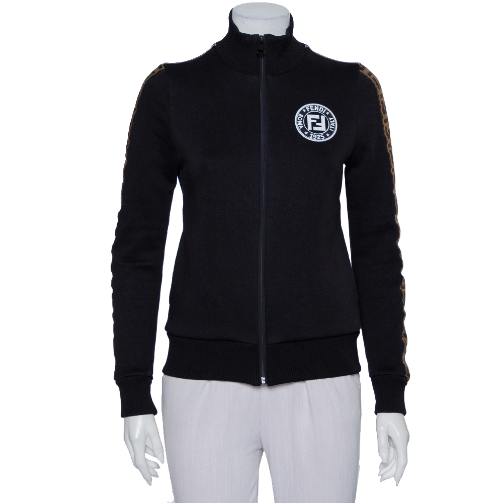 Pre-owned Fendi Black Jersey Logo Trim Detail Zip Front Jacket S