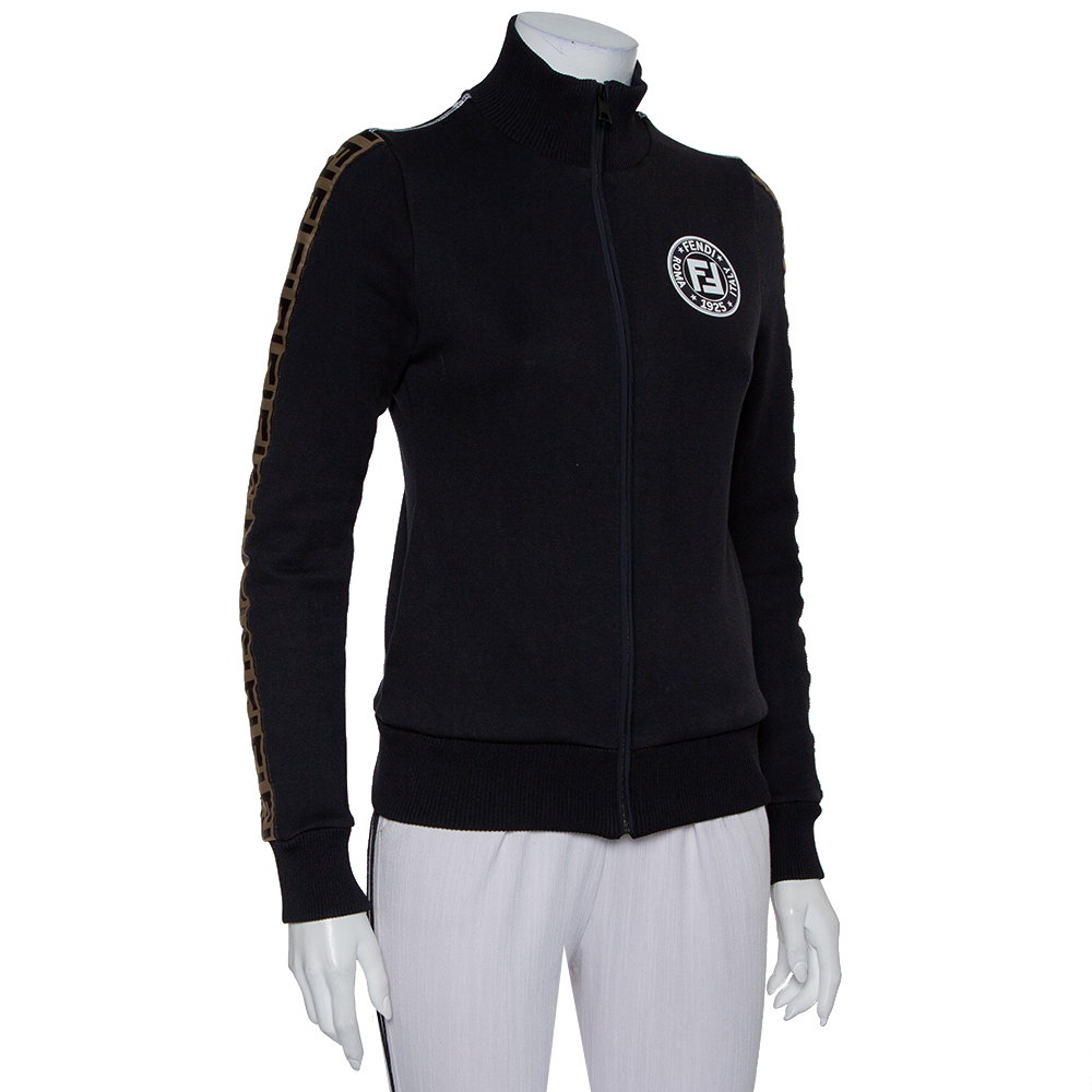 

Fendi Black Jersey Logo Trim Detail Zip Front Jacket