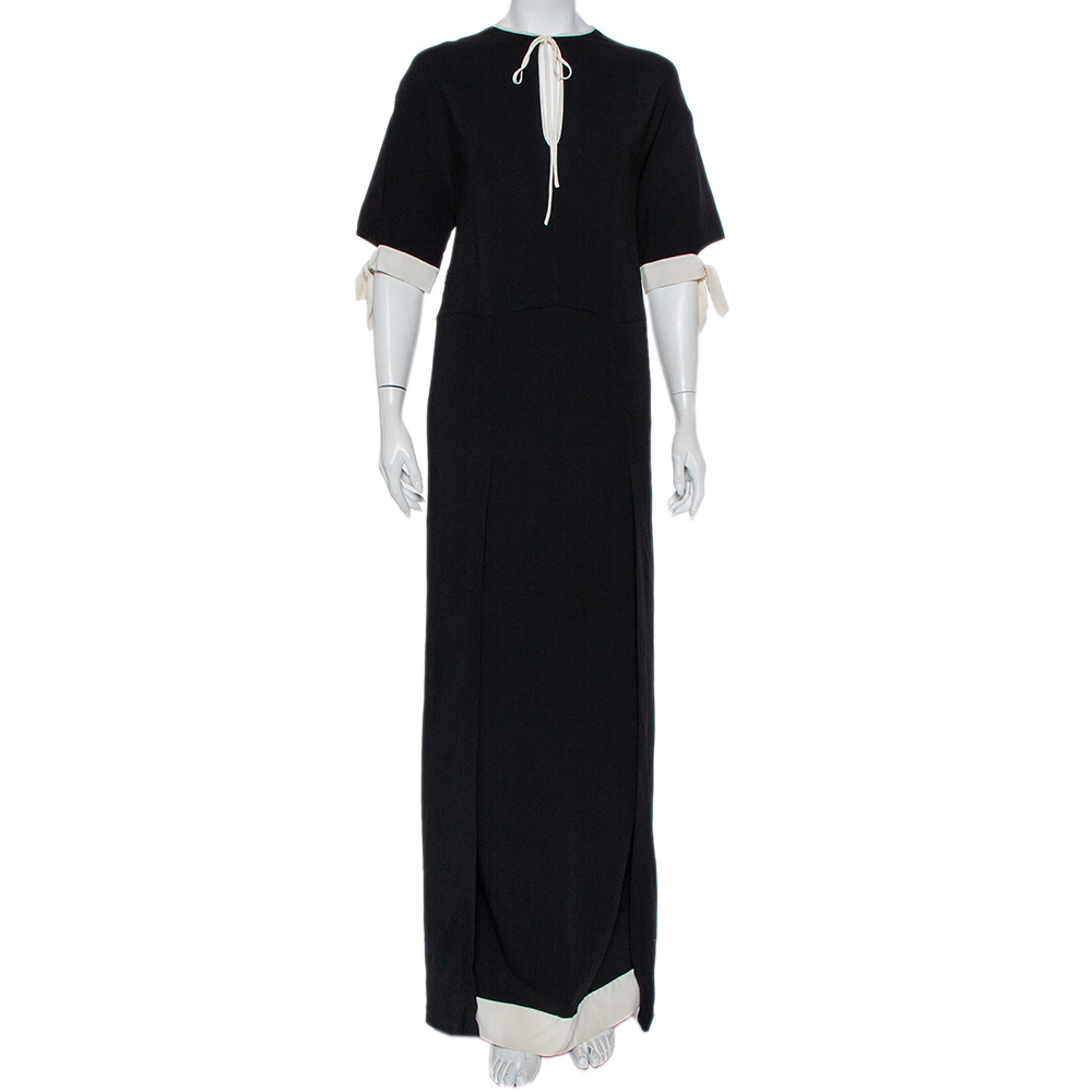 

Fendi Black Crepe Contrast Trim Front Slit Detail Long Dress M