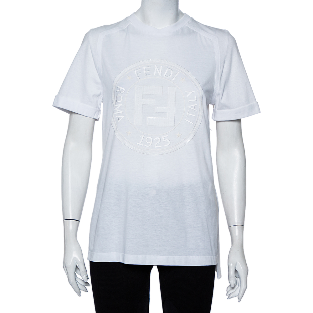 

Fendi White Sequin Embellished Logo Embroidered Cotton Fringed Detail T shirt XXS