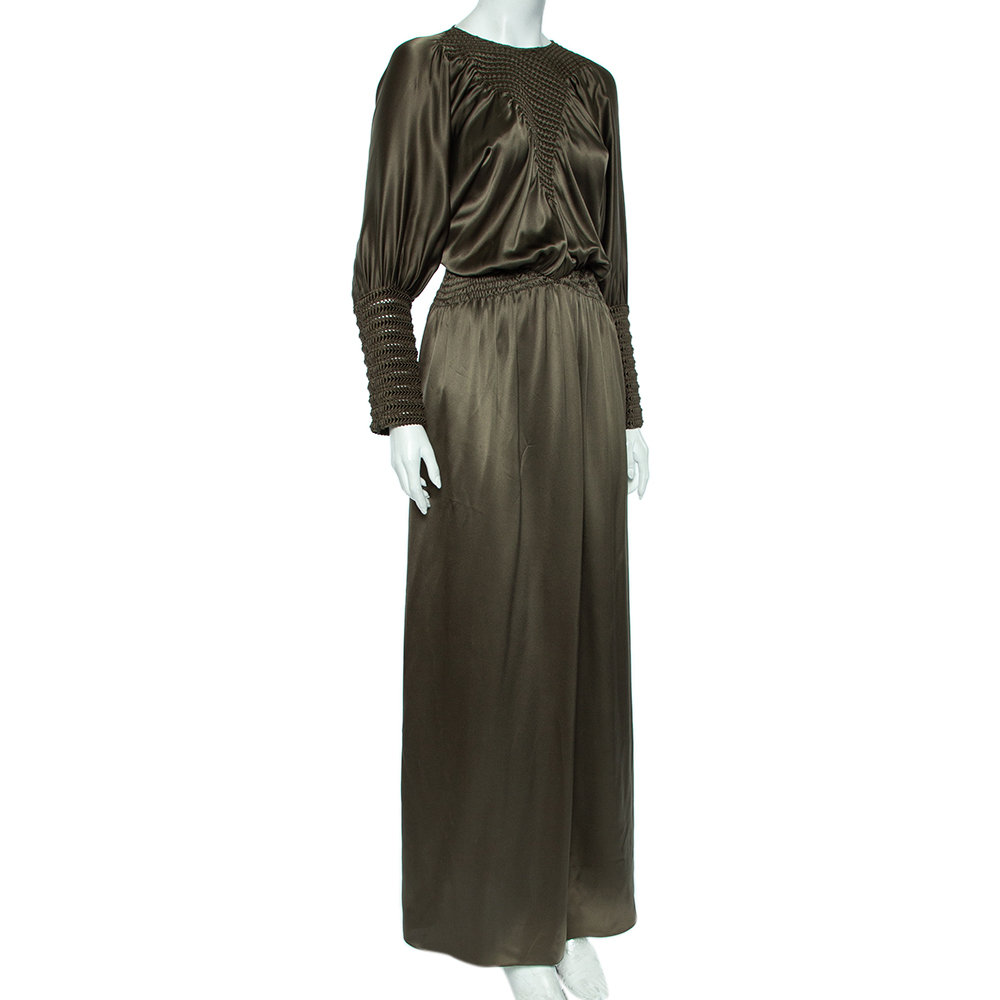 

Fendi Olive Green Silk Smocked Side Slit Maxi Dress