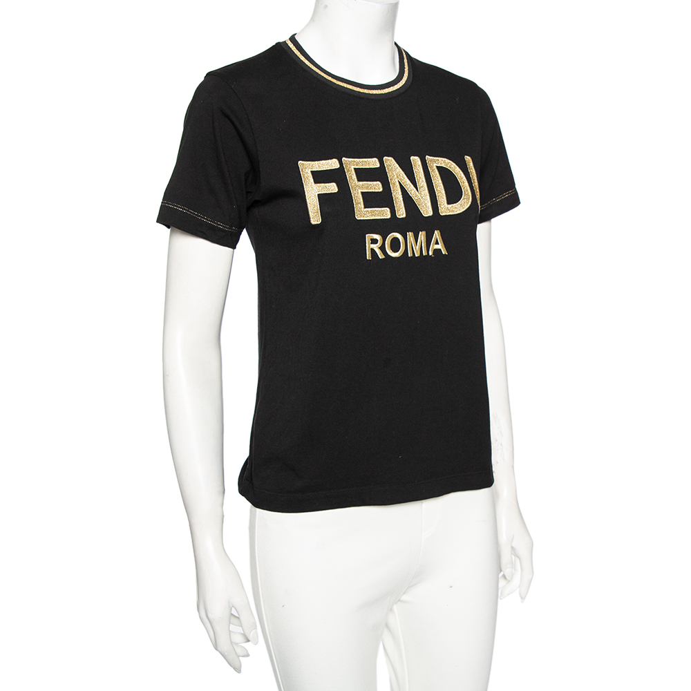 

Fendi Black Cotton & Lurex Embroidered Logo Detail Crew Neck T-Shirt