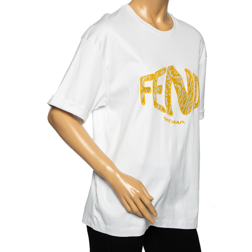 

Fendi White Cotton Mesh Fish Eye Logo Inset Short Sleeve T-Shirt