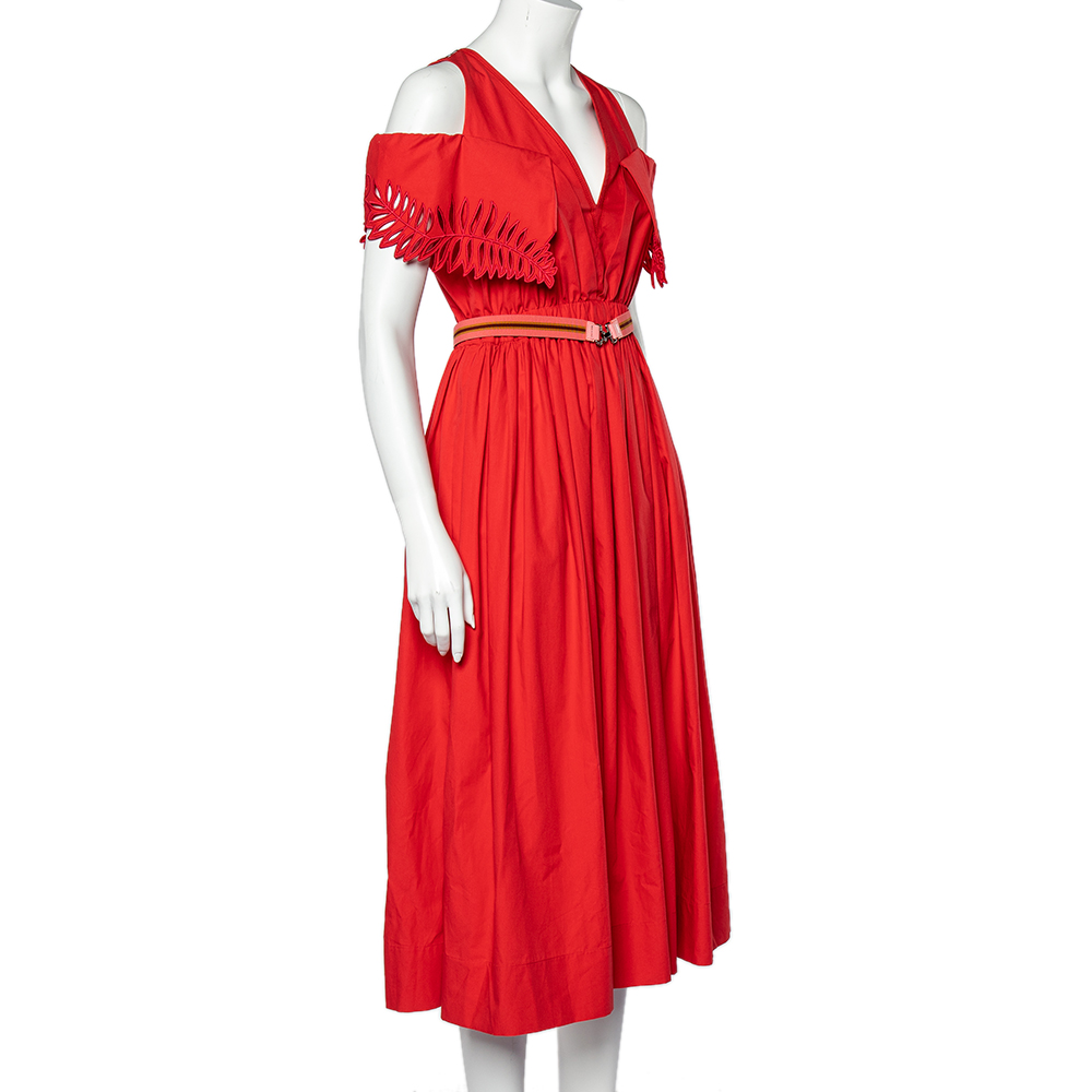 

Fendi Coral Red Cotton Embroidered Sleeve Cold Shoulder Midi Dress