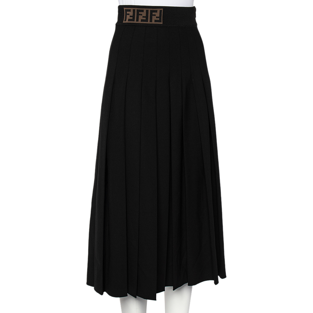 

Fendi Black Wool Logo Knit Band Detail Pleated Midi Skirt