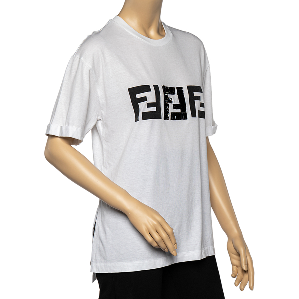 

Fendi White Cotton Embellished Logo Detail High-Low Hem Oversized T-Shirt