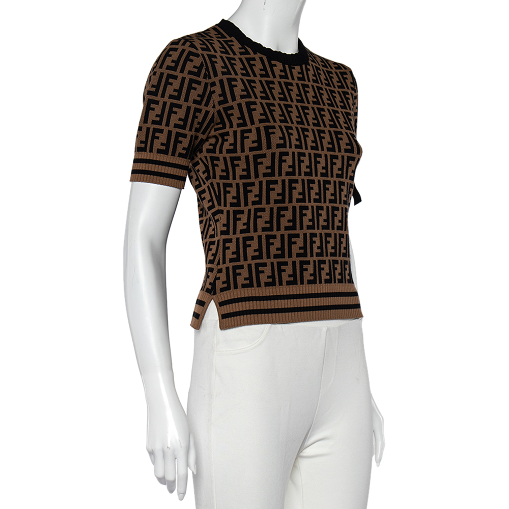 

Fendi Brown Zucca Monogram Knit Ribbon Sleeve Detailed Top