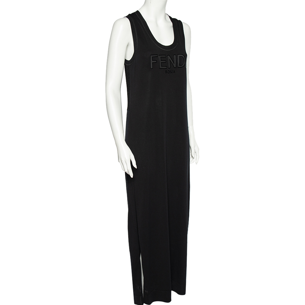 

Fendi Black Knit Mesh Trim Side Slit Detail Sleeveless Maxi Dress