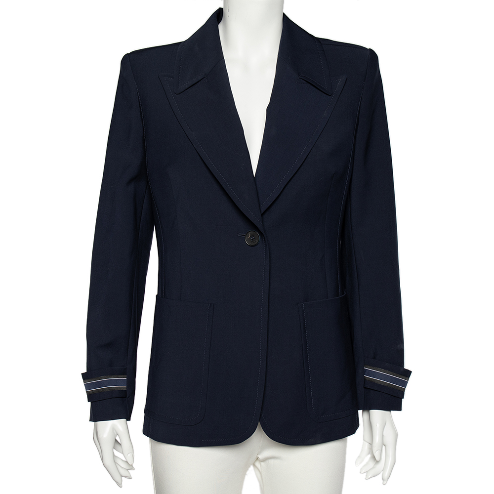 

Fendi Navy Blue Wool Striped Cuff Detail Tailored Blazer