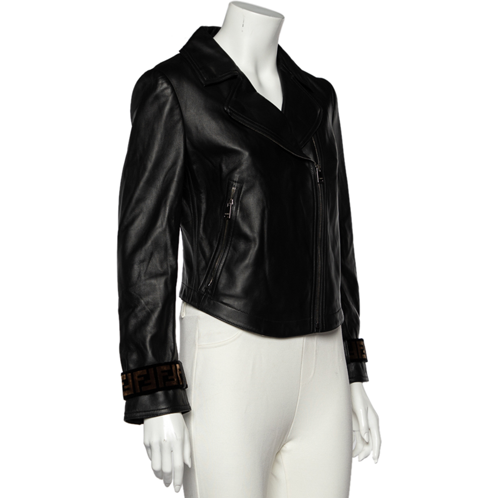 

Fendi Black Leather Zucca Velvet Trim Biker Jacket